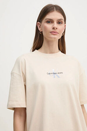 Calvin Klein Jeans Kadın Logo Baskılı Ekru T-shirt