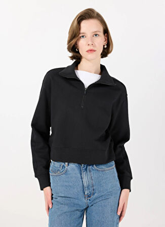 Calvin Klein LVGWS5W312UB1-PW - Siyah Fermuarlı Yaka Normal Düz Kadın Sweatshırt