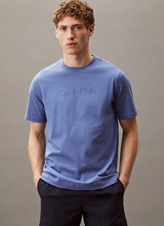 Calvin Klein LVGMS5K182T0Z-PW - Mavi Yuvarlak Yaka Normal Düz Erkek T-Shirt