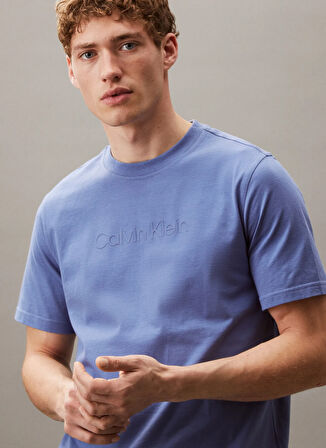 Calvin Klein LVGMS5K182T0Z-PW - Mavi Yuvarlak Yaka Normal Düz Erkek T-Shirt