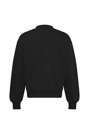 Kadın Bisiklet Yaka Logolu Sweatshirt - Siyah | M
