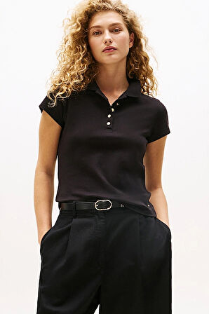 Kadın Tam Kalıp Altın Renk Düğmeli Polo Yaka T-Shirt - Siyah | S