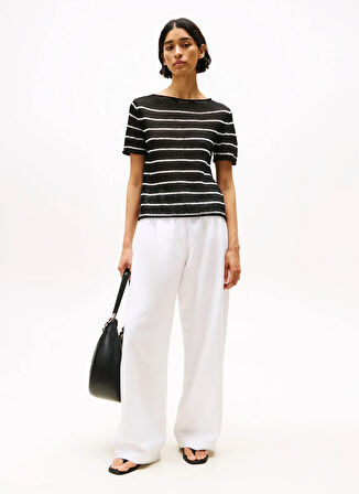 Tommy Hilfiger Yuvarlak Yaka Standart Çizgili Siyah Kazak Kadın WW0WW465220AR