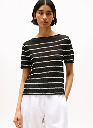 Tommy Hilfiger Yuvarlak Yaka Standart Çizgili Siyah Kazak Kadın WW0WW465220AR