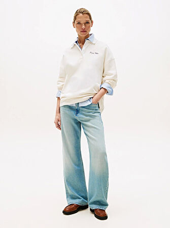 Tommy Hilfiger Kadın Yazı Baskılı Pike Rugby Beyaz Sweatshirt WW0WW45779YA8