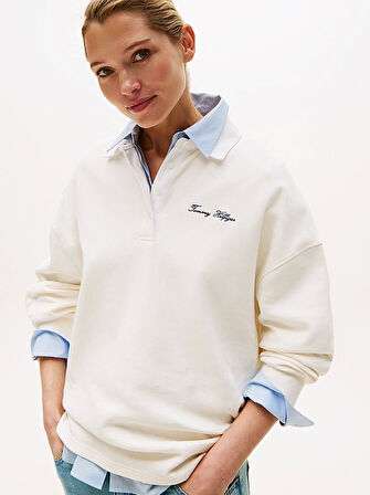 Tommy Hilfiger Kadın Yazı Baskılı Pike Rugby Beyaz Sweatshirt WW0WW45779YA8