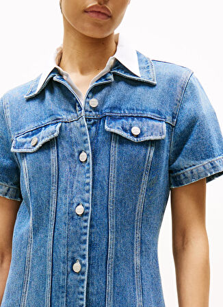 Tommy Hilfiger Gömlek Yaka Düz Mavi Midi Kadın Elbise WW0WW466381A5