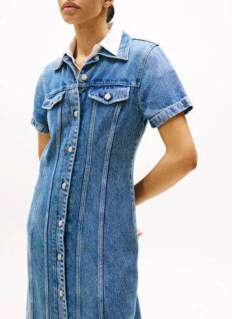 Tommy Hilfiger Gömlek Yaka Düz Mavi Midi Kadın Elbise WW0WW466381A5