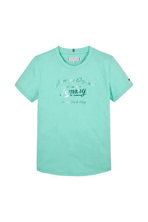 Kız Çocuk Bisiklet Yaka Yazı Baskılı T-Shirt - Mint Yeşili | 8 Yaş
