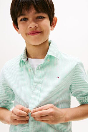 Erkek Çocuk Çizgili Düğmeli Yaka Gömlek - Mint Yeşili | 6 Yaş