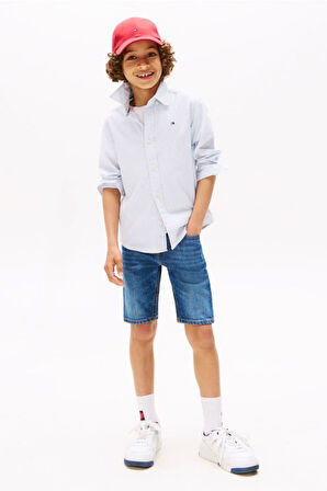 Erkek Çocuk Çizgili Düğmeli Yaka Gömlek - Açık Mavi | 7 Yaş