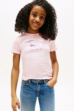 Kız Çocuk Bisiklet Yaka Yazı Baskılı T-Shirt - Pembe | 7 Yaş