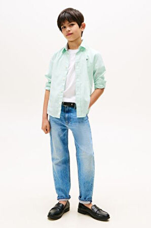 Erkek Çocuk Çizgili Düğmeli Yaka Gömlek - Mint Yeşili | 14 Yaş