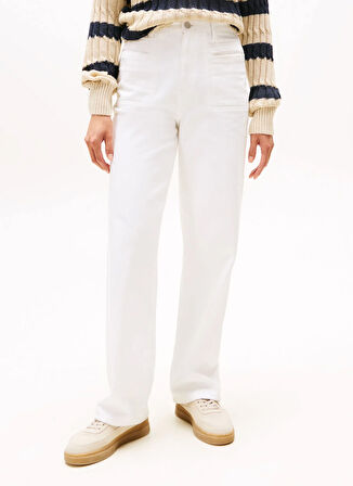 Tommy Hilfiger Yüksek Bel Dar Paça Straight Beyaz Kadın Denim Pantolon WW0WW45677YBR