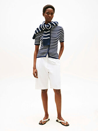 Tommy Hilfiger Kadın Pamuklu İnce Örgü Kısa Kollu Bisiklet Yaka Mavi Kazak WW0WW457070BB