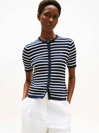 Tommy Hilfiger Kadın Pamuklu İnce Örgü Kısa Kollu Bisiklet Yaka Mavi Kazak WW0WW457070BB