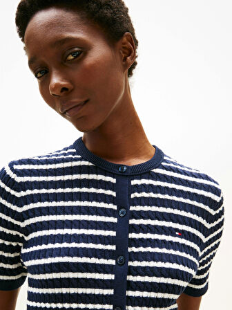 Tommy Hilfiger Kadın Pamuklu İnce Örgü Kısa Kollu Bisiklet Yaka Mavi Kazak WW0WW457070BB