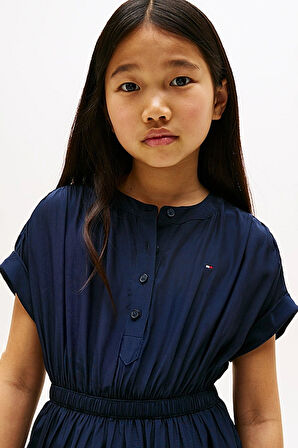 Kız Çocuk Yarım Patlı Beli Lastikli Elbise - Lacivert | 6 Yaş