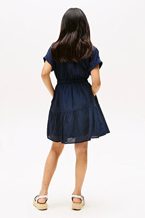 Kız Çocuk Yarım Patlı Beli Lastikli Elbise - Lacivert | 10 Yaş