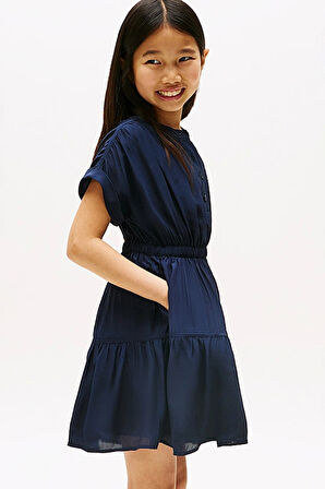 Kız Çocuk Yarım Patlı Beli Lastikli Elbise - Lacivert | 10 Yaş