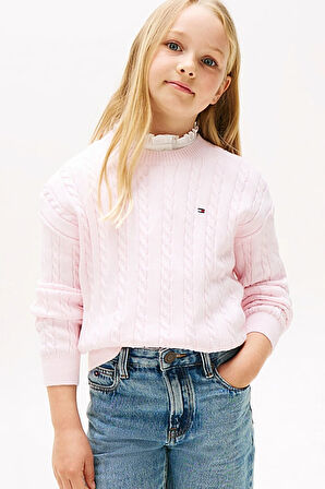 Kız Çocuk Relaxed Fit Saç Örgüsü Desenli Triko Kazak - Pembe | 8 Yaş