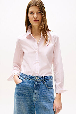 Kadın Regular Fit Çizgili Poplin Gömlek - Pembe/Beyaz | 38