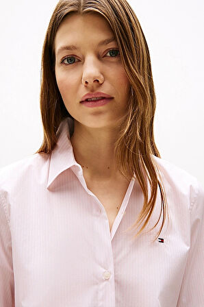 Kadın Regular Fit Çizgili Poplin Gömlek - Pembe/Beyaz | 38