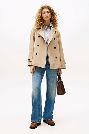 Tommy Hilfiger Kadın Pamuklu Normal Kesim Kısa Bej Mont WW0WW45618AEG