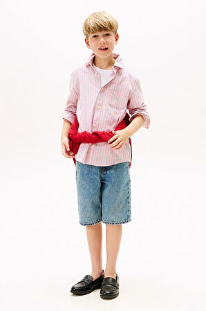 Erkek Çocuk Çok Renkli Çizgili Düğmeli Yaka Gömlek - Pembe | 12 Yaş