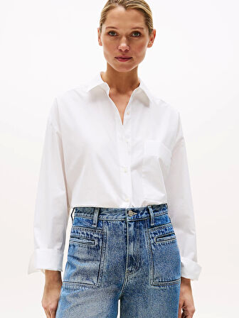 Tommy Hilfiger Kadın Klasik Poplin Rahat Kesim Beyaz Gömlek WW0WW45892YCF