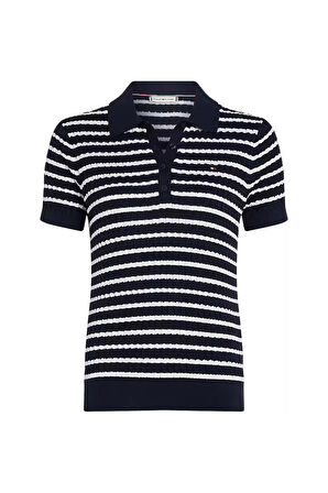Kadın Tam Kalıp Polo Yaka Çizgili Saç Örgüsü Triko - Lacivert/Beyaz | XL