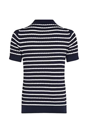 Kadın Tam Kalıp Polo Yaka Çizgili Saç Örgüsü Triko - Lacivert/Beyaz | XL