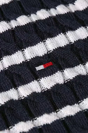 Kadın Tam Kalıp Polo Yaka Çizgili Saç Örgüsü Triko - Lacivert/Beyaz | XL