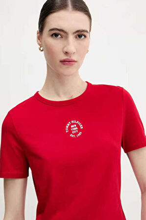Kadın Grafik Baskılı Bisiklet Yaka T-Shirt - Kırmızı | S