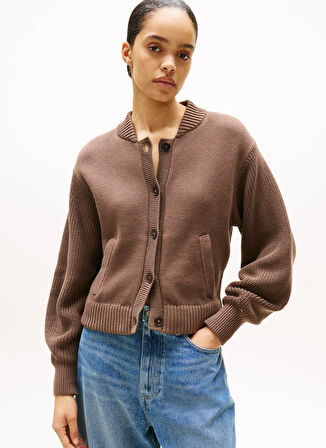 Tommy Hilfiger Dik Yaka Standart Düz Kahve Kazak Kadın WW0WW45692GTO