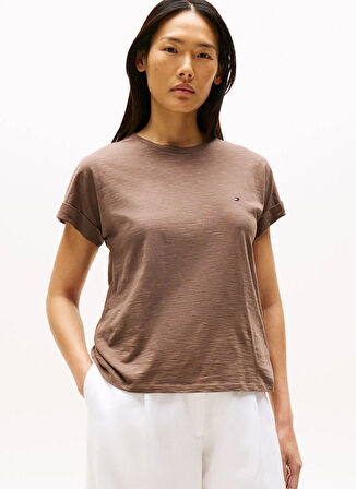 Tommy Hilfiger Yuvarlak Yaka Düz Kahve Kadın T-Shirt WW0WW45747GTO