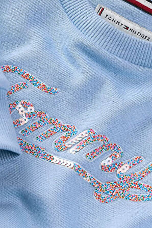 Kız Çocuk Payetli Script Logolu Sweatshirt - Mavi | 10 Yaş