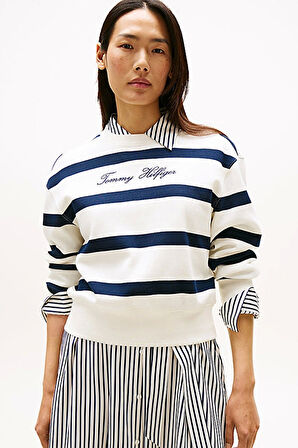 Tommy Hilfiger Kadın Yazı Baskılı Normal Kesim Pike Beyaz Kazak WW0WW457430FG