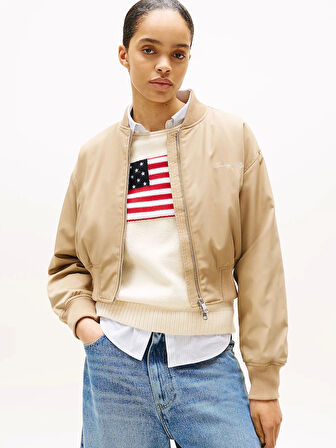 Tommy Hilfiger Kadın Naylon Normal Kesim Kısa Bej Bomber  Ceket WW0WW45634AEH