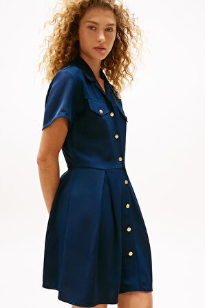 Kadın Tam Kalıp Gömlek Yaka Pli Detaylı Mini Elbise - Lacivert | 36