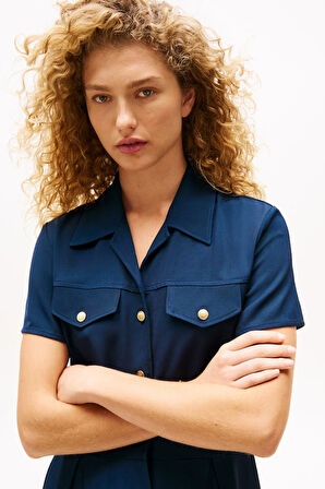 Kadın Tam Kalıp Gömlek Yaka Pli Detaylı Mini Elbise - Lacivert | 36