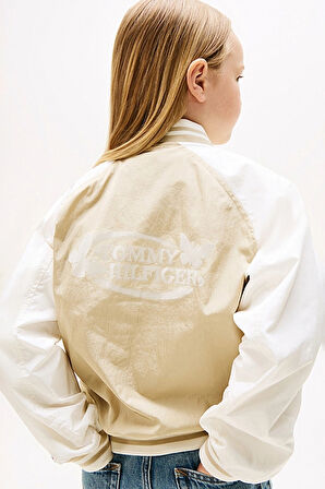 Kız Çocuk Renk Bloklu Kolej Yaka Bomber Ceket - Bej | 10 Yaş