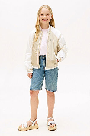 Kız Çocuk Renk Bloklu Kolej Yaka Bomber Ceket - Bej | 10 Yaş