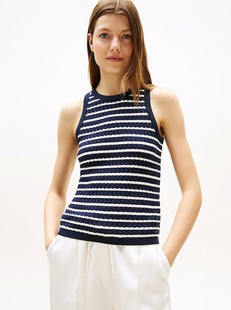 Tommy Hilfiger Kadın Pamuklu İnce Örgü Kolsuz Dar Kesim Mavi Kazak WW0WW457060BB