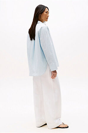 Kadın Rahat Kesim Çizgili Gömlek - Açık Mavi | 42