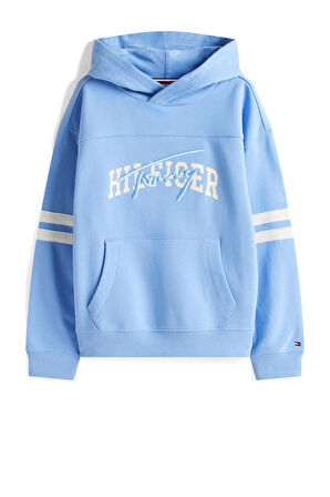 Erkek Çocuk Kolları Şeritli Grafik Baskılı Kapüşonlu Sweatshirt - Mavi | 7 Yaş