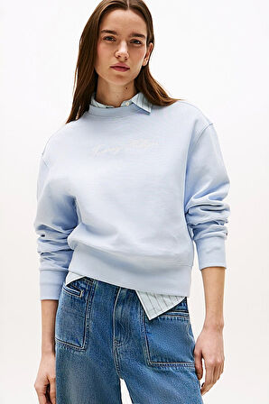 Kadın Yazı Nakışlı Bisiklet Yaka Sweatshirt - Açık Mavi | S