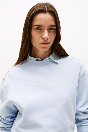 Kadın Yazı Nakışlı Bisiklet Yaka Sweatshirt - Açık Mavi | S