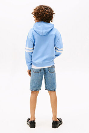 Erkek Çocuk Kolları Şeritli Grafik Baskılı Kapüşonlu Sweatshirt - Mavi | 8 Yaş