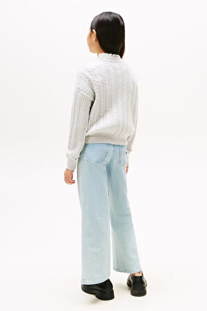 Kız Çocuk Regular Fit Fırfır Yakalı Saç Örgüsü Desenli Triko Kazak - Gri | 10 Yaş